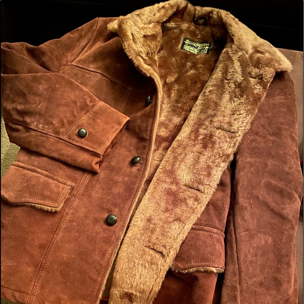 Gorg! Mens Suede Sherpa Coat Sz 46 Coco & Carmel soft Faux Fur Collar and Lining